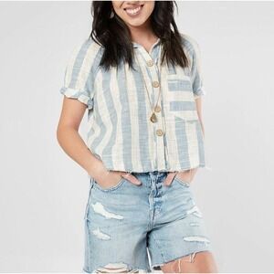 Free People Striped Crop Blouse Top Shirt  Blue White size M